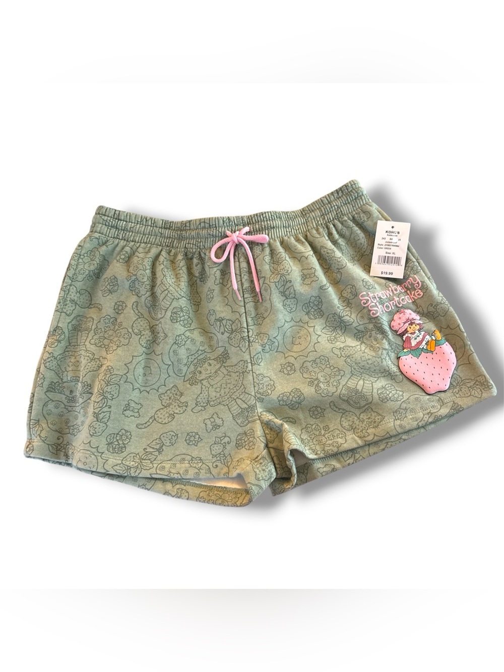 Strawberry Shortcake Green Graphic Athletic Lounge Shorts with Pink Drawstring